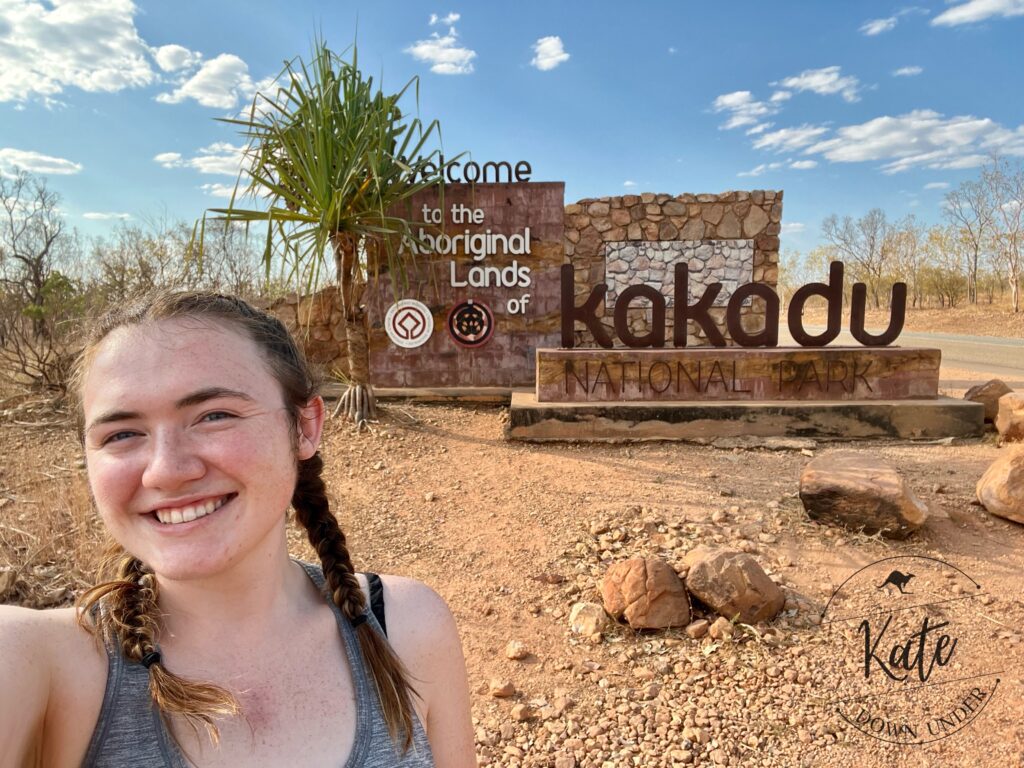 Kate and the Kakadu national park sign