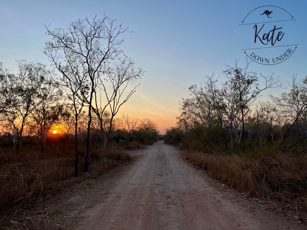 A gravel road framed by the woodlands savanna of the Top End as the sun rises