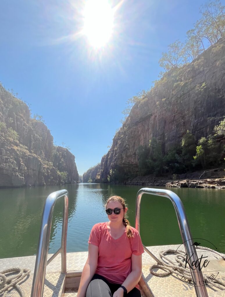 Kate at the bow of the tour boat in Nitmiluk Gorge