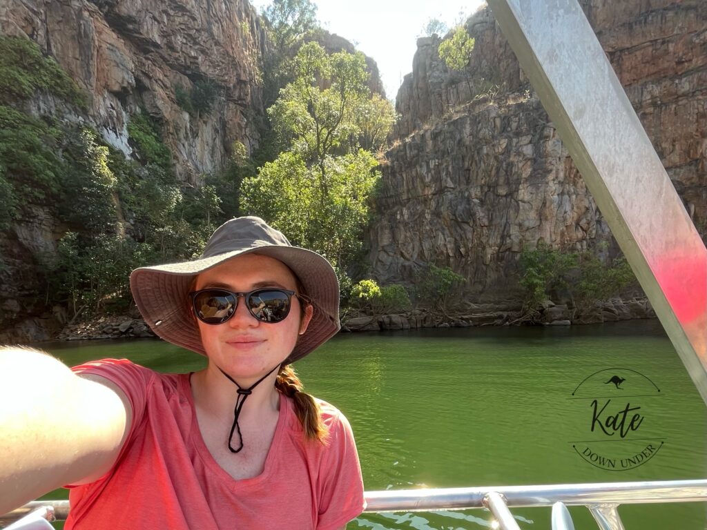 Kate taking a selfie on the tour boat in Katherine Gorge