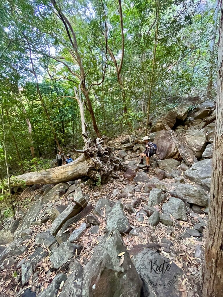 the rocky terrain on the trail to the top of Jim Jim Falls