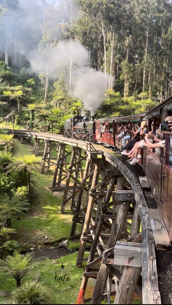 Looking forward at a train that is emitting a lot of smoke as a passenger in a car it is pulling as it crosses a wooden bridge