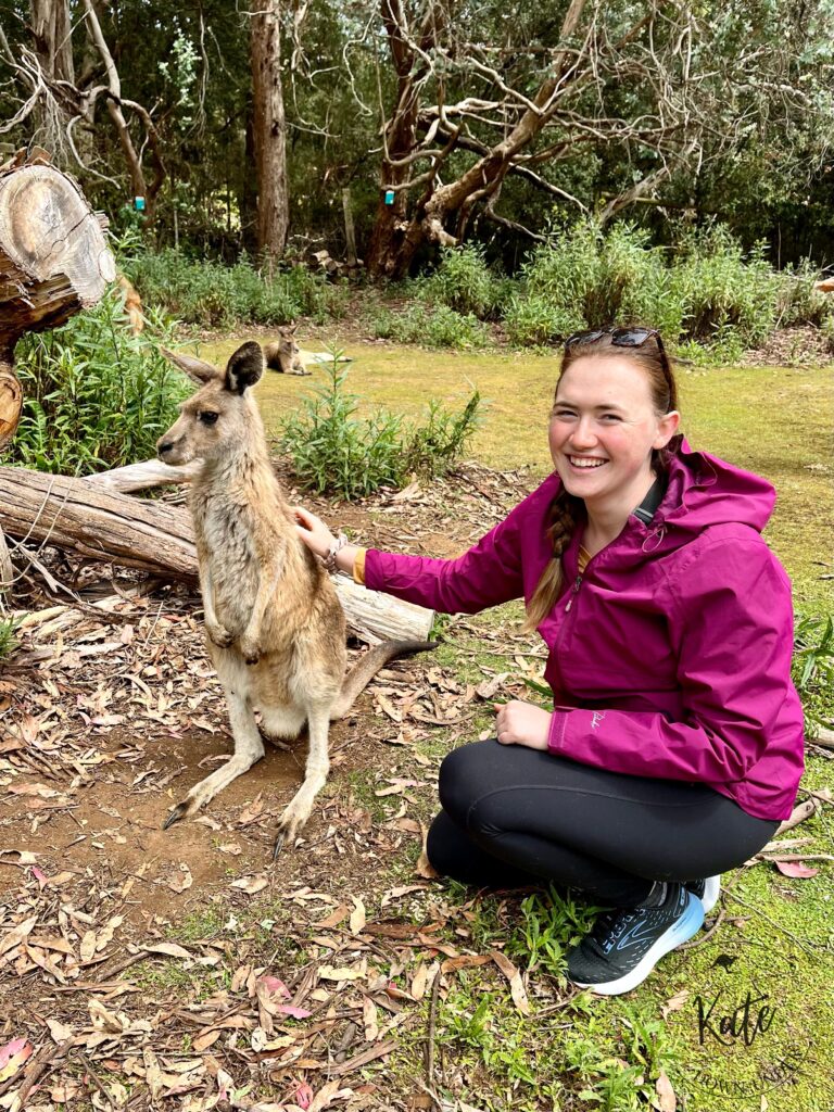 Kate petting a Forrester Kangaroo