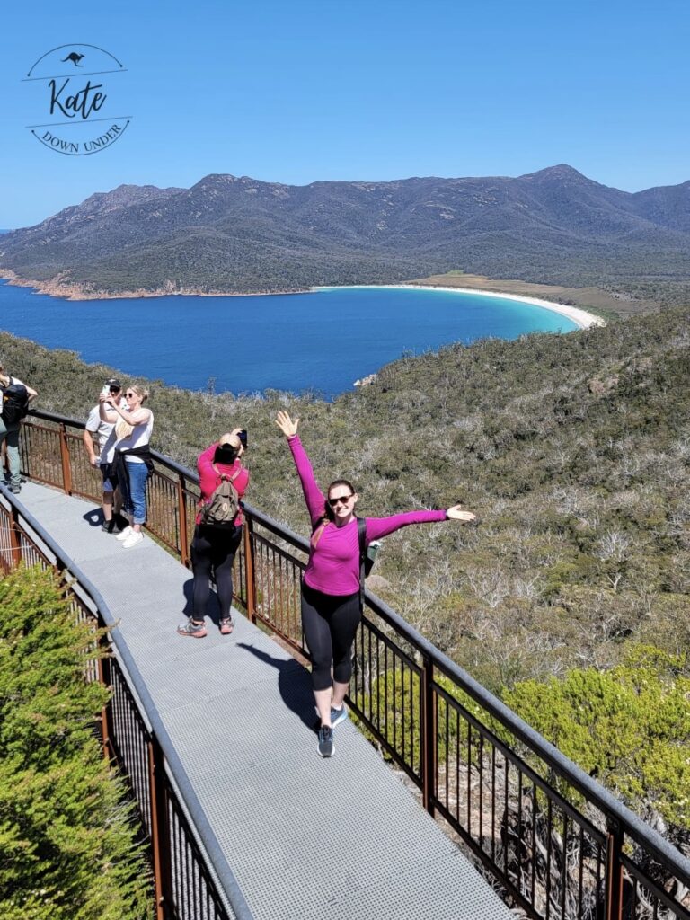 Kate posing on the lookout platform infant of Wineglass Bay in Freycinet National Park.