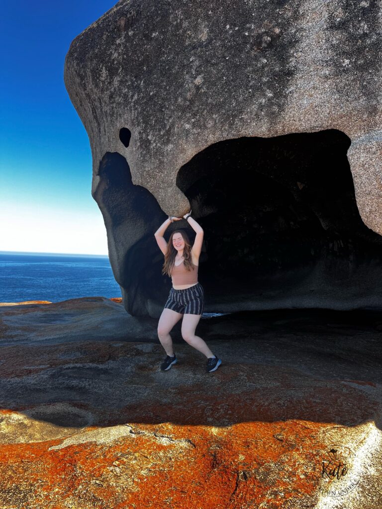Kate posing like a tourist at the remarkable rocks on Kangaroo Island
